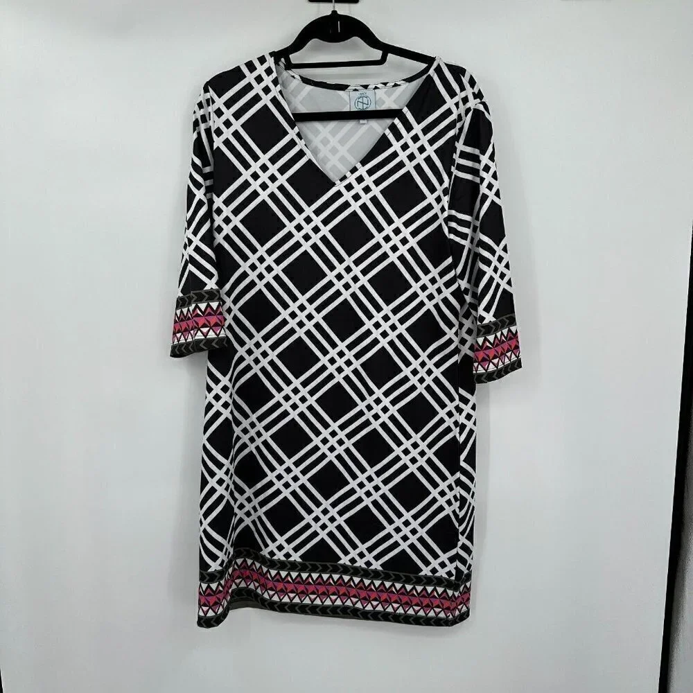 Tracy Negoshian Womens Dress Medium V Neck Multi Color 3/4 Sleeves Geometric